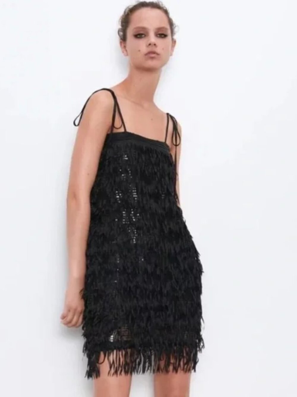 Zara Black Sequin & Fringe Spaghetti Strap Mini Dress - Size S - New with Tags